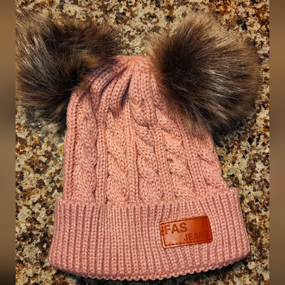 Warm Girls Winter Hat with Pompom Ears Knitted Toddler Beanie FREE hair clips